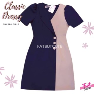 💗Blue&amp;Pink Twotone Dress💗 เดรสสาวอวบคอปก ผ้านิ่ม ใส่สบาย รหัสfernblue2