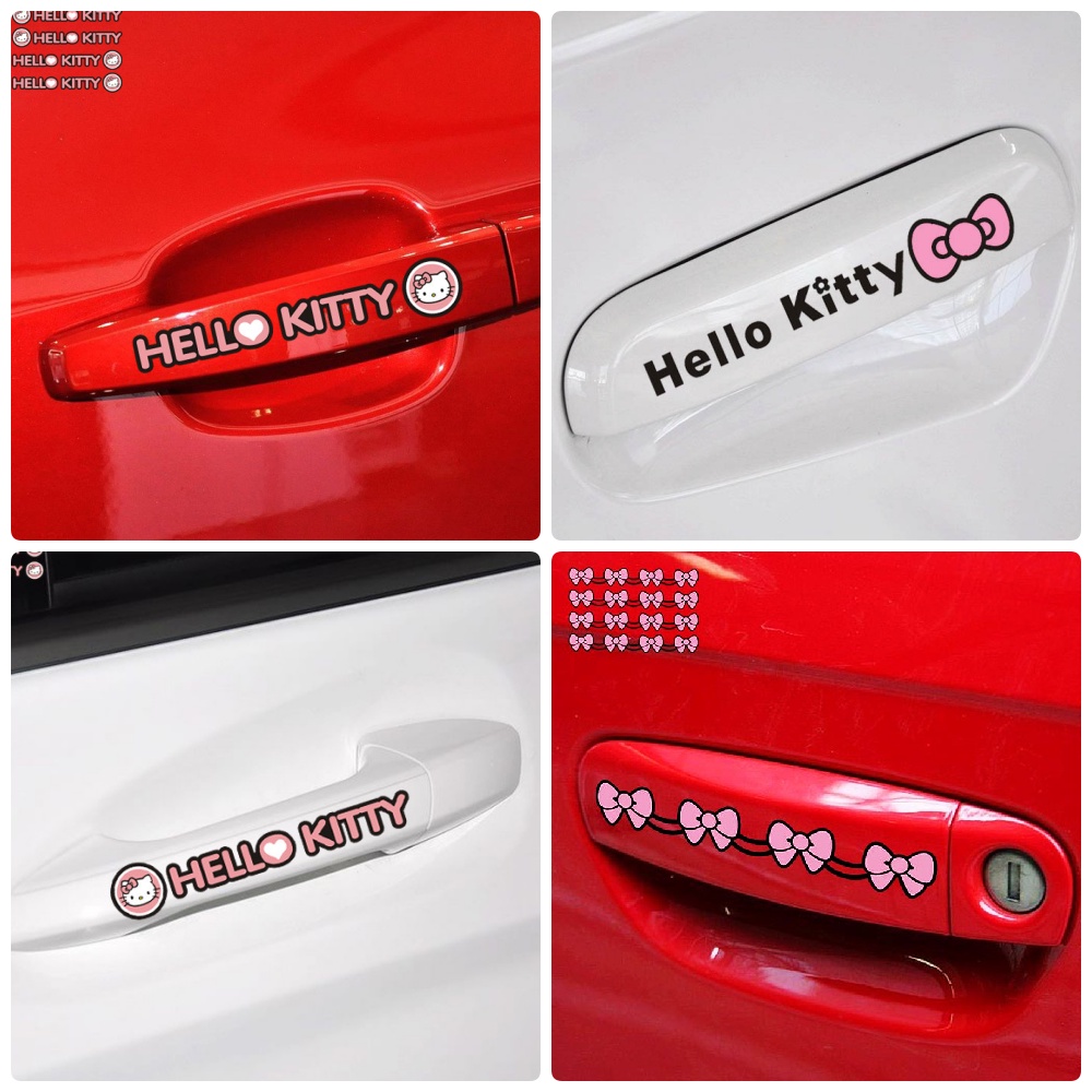 สติ๊กเกอร์ติดรถยนต์ Hello Kitty Baby Pink Bowknot การ์ตูนน่ารักน่ารักสาวตกแต่งสําหรับ Doorknob มือจับประตู