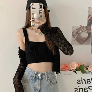 Cicishop(44125) เสื้อครอปTOPไหมพรมสายเดี่ยวทอลาย สีสันสดใสแมทกับกางเกง กระโปรงได้สุด น่ารักเป็นsocuteมากๆ