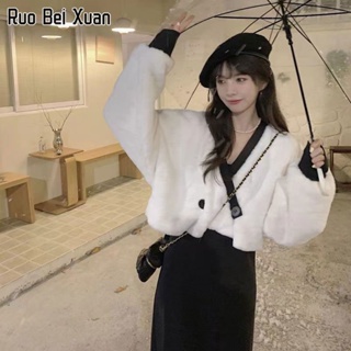 RUO BEI XUAN เสื้อโค้ทผู้หญิงเวอร์ชั่นเกาหลีใหม่คอวีบวกกำมะหยี่หนาโค้ทกันลมกลิ่นหอมขนาดเล็ก