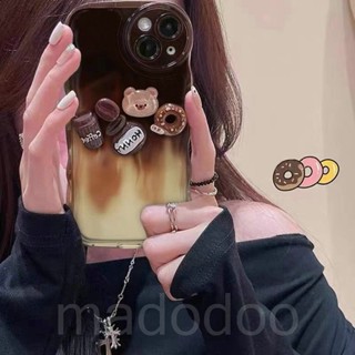 Waves Edge Casing For iPhone 15 14 13 Mini 12 11 Pro Xs max 6S 6 7 8 Plus X XR 14ProMax 13promax 12promax 11promax Cute Cartoon 3D Doll Bear Donut Coffee Honey Stand Full Fine Hole Airbag Shockproof Soft Phone Case BW 01