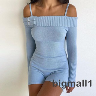 Bigmall-women ́s ฤดูใบไม้ผลิฤดูใบไม้ร่วงสั้นถัก Jumpsuit สีทึบแขนยาวปิดไหล่ Romper