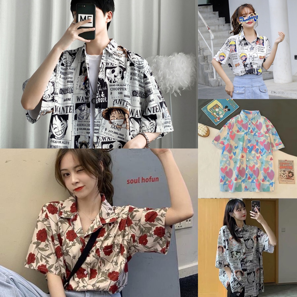 เสื้อเชิ้ตโปโลแขนสั้นลําลอง ผ้าชีฟอง ทรงหลวม พิมพ์ลายการ์ตูนอนิเมะ สไตล์เกาหลี และญี่ปุ่น สําหรับผู้ชาย และผู้หญิง