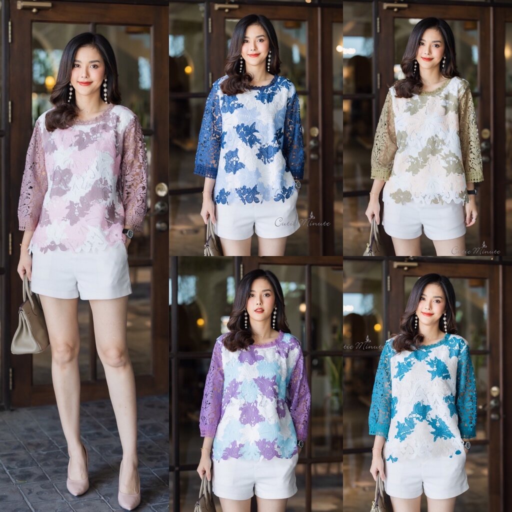 P8840 เสื้อลูกไม้พิมพ์ลายลูกไม้ 3 tone แต่งสลับที่แขนด้วยลูกไม้สีพื้นหรู เสื้อมีซับใน อก 42 นิ้ว