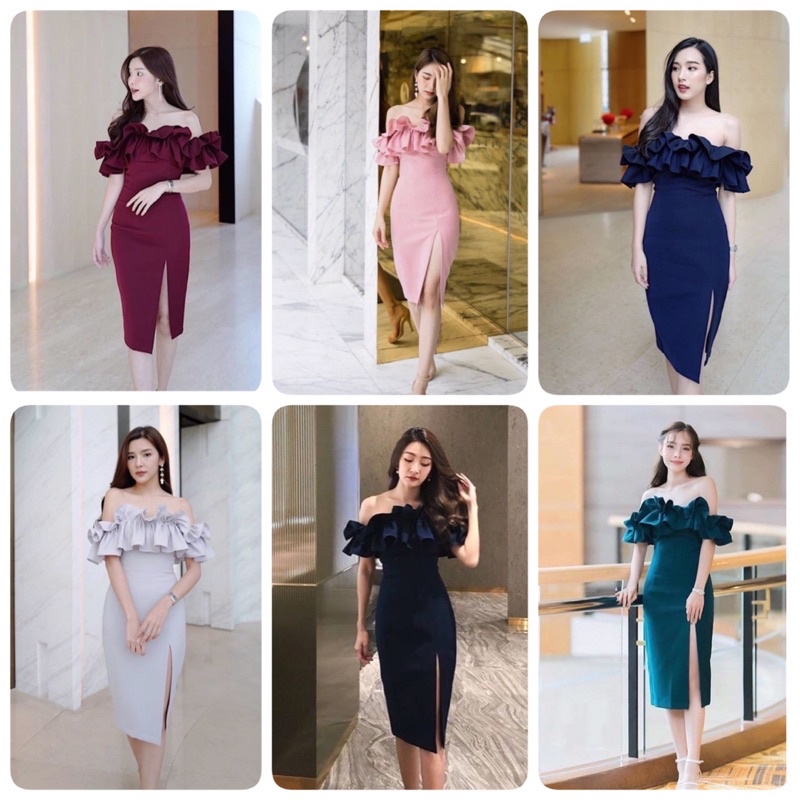 Irich14 ชุดเดรสออกงาน ผ้าเงาซาร่า เรียบหรู ดูแพง แต่งระบายปาดไหล่ มีสม๊อกหลัง งานมีซิบหลัง