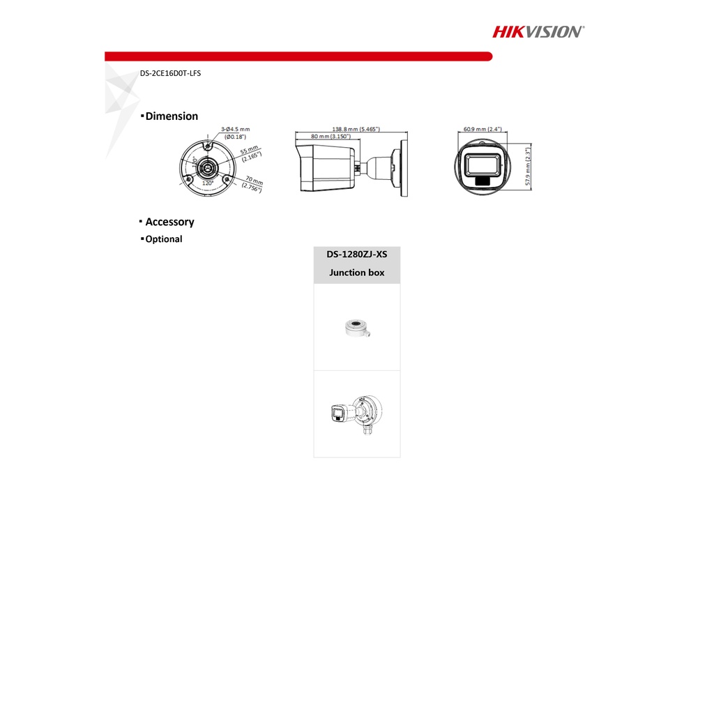 HIKVISION กล้องวงจรปิดระบบ HD 2 MP DS-2CE16D0T-LFS (2.8 / 3.6mm) มีไมค์ในตัว / COLORVU / INFARED ปรับความสว่าง LED ได้