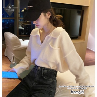 เสื้อกันหนาว คอวี แขนยาว ทรงหลวม สไตล์เกาหลี เรโทร สําหรับผู้หญิง