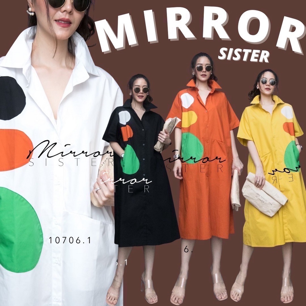 ป้าย Mirrorsister​ 10706.1 เดรสเชิ้ต แต่งปะวงกลมสลับสีเพิ่มความโดดเด่นสดใส