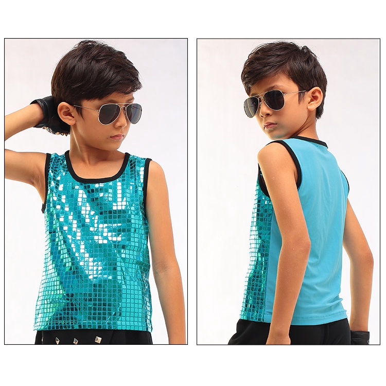 Boy Jazz Performance Costume Singer Children Hip Hop Dancing Clothes Sequin Vest Black T-Shirt Boys Tops Dance Wear DNV1 #8