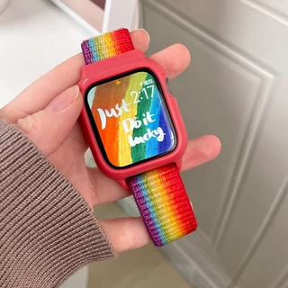 2 in 1 เคสซิลิโคนและสายรัดไนลอนสำหรับ iWatch Strap Collection 9 8 7 2 4 3 5 SE 6. สายไนลอน 38/40/41/42/44/45mm