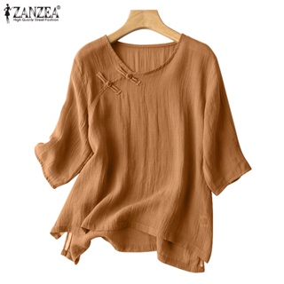 Zanzea เสื้อลําลองสําหรับสตรี แขน 3/4 คอกลม สีพื้น ทรงหลวม