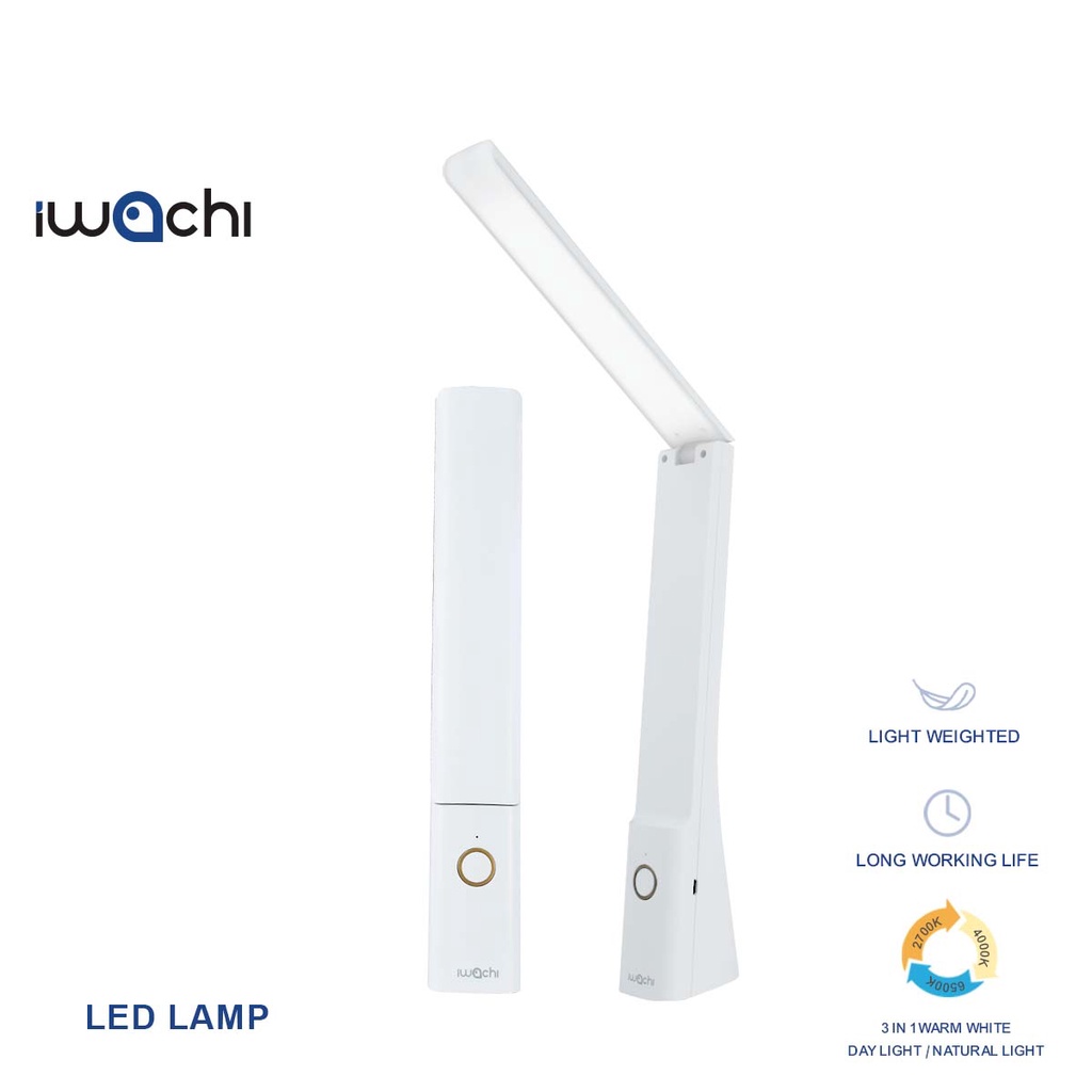 IWACHI โคมไฟตั้งโต๊ะไร้สาย แสงไฟ3in1 ปรับระดับความสว่างได้ ชาร์จUSB พับเก็บได้ ช่วยปกป้องดวงตา