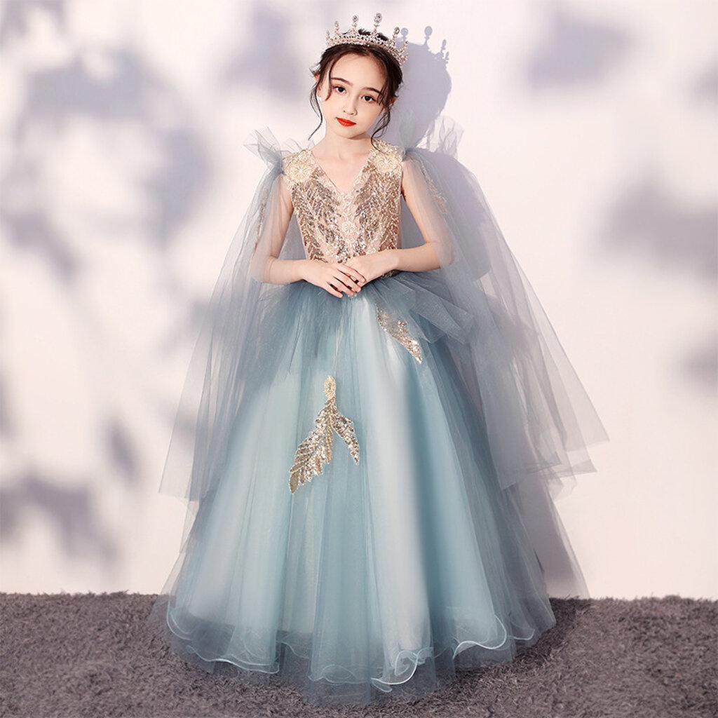Gd3937- พร้อมส่งจากไทย ชุดออกงานเด็กหญิงสีฟ้า ประดับสีทอง สไตล์สวยสุดหรูดุจเจ้าหญิง ชุดราตรีเด็กทรงยาว แขนตุ๊กตา ชุดอ...