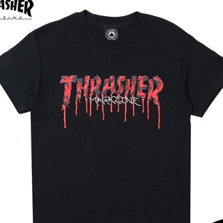 Thrasher เสื้อคอกลม แขนสั้น ผ้าฝ้าย พิมพ์ลายเปลวไฟ ทรงหลวม ใส่สบาย