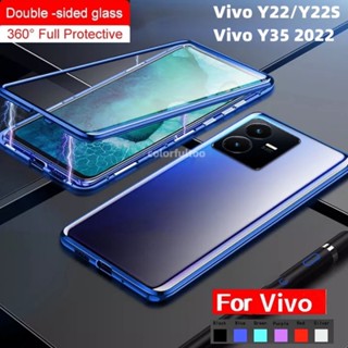 เคสโทรศัพท์มือถือกระจกนิรภัย โลหะ กันกระแทก สองด้าน 360 องศา สําหรับ Vivo Y22 Y22S Y35 VivoY35 VivoY22 2022° ฝาหลังแบบแข็งป้องกัน