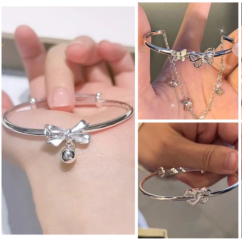 สร้อยข้อมือเงินสองชั้นโบว์กระดิ่งรักดันดึงสร้อยข้อมือปรับแฟชั่นผู้หญิง