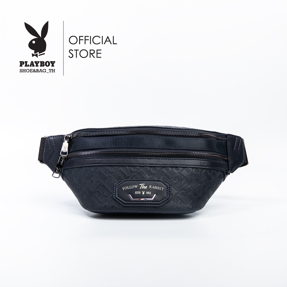 Playboy กระเป๋าคาดอกคาดเอวผู้ชาย ลิขสิทธิ์แท้รุ่น ST-B232PBM246-BL ดีไซน์ลายปั๊มลายไข่ปลาอักษรนูนPBสีน้ำเงิน/กรม