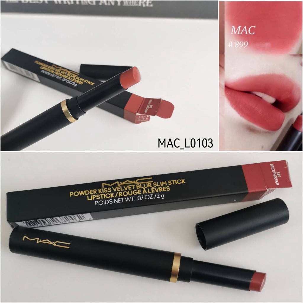 สี Brickthrough-(มีกล่อง) ลิป MAC Powder Kiss Velvet Blur Slim Lipstick 2 g