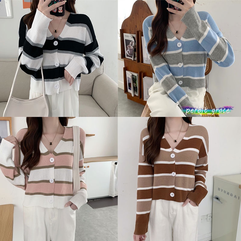 mimi&didi เสื้อคลุมไหมพรมลายทาง เเขนยาว งานเกาหลีตรงปกสุดๆจ้า 5989#