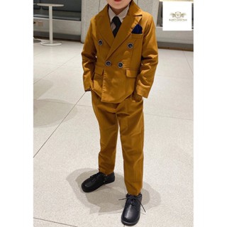 Yellow Brown Suit ชุดสูท เด็ก Korean Style สีน้ำตาลเหลือง ชุดเซท 2 ชิ้น เสื้อนอกมีซับใน+กางเกงเอวยางยืด ขนาด 90 ถึง 1...