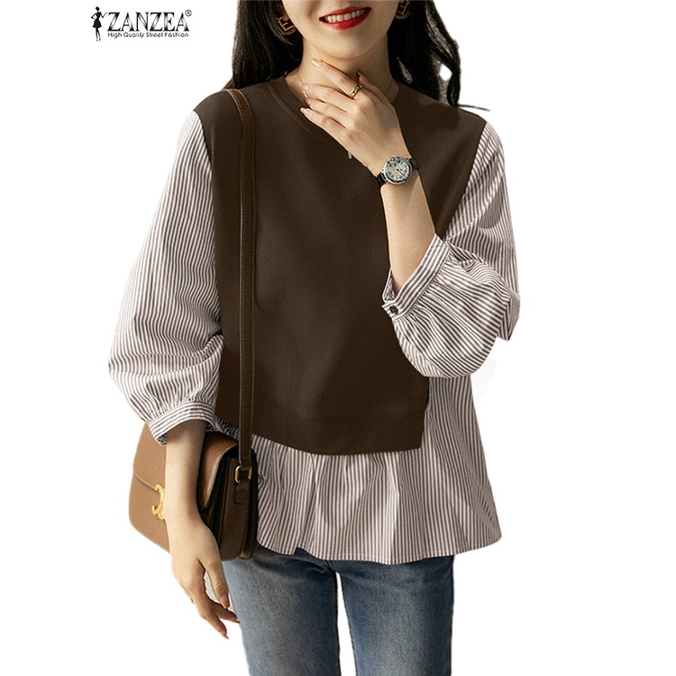 Zanzea เสื้อกันหนาว คอกลม แขน 3/4 ลําลอง ลายทาง มีสไตล์ ติดกระดุมด้านหลัง สําหรับผู้หญิง