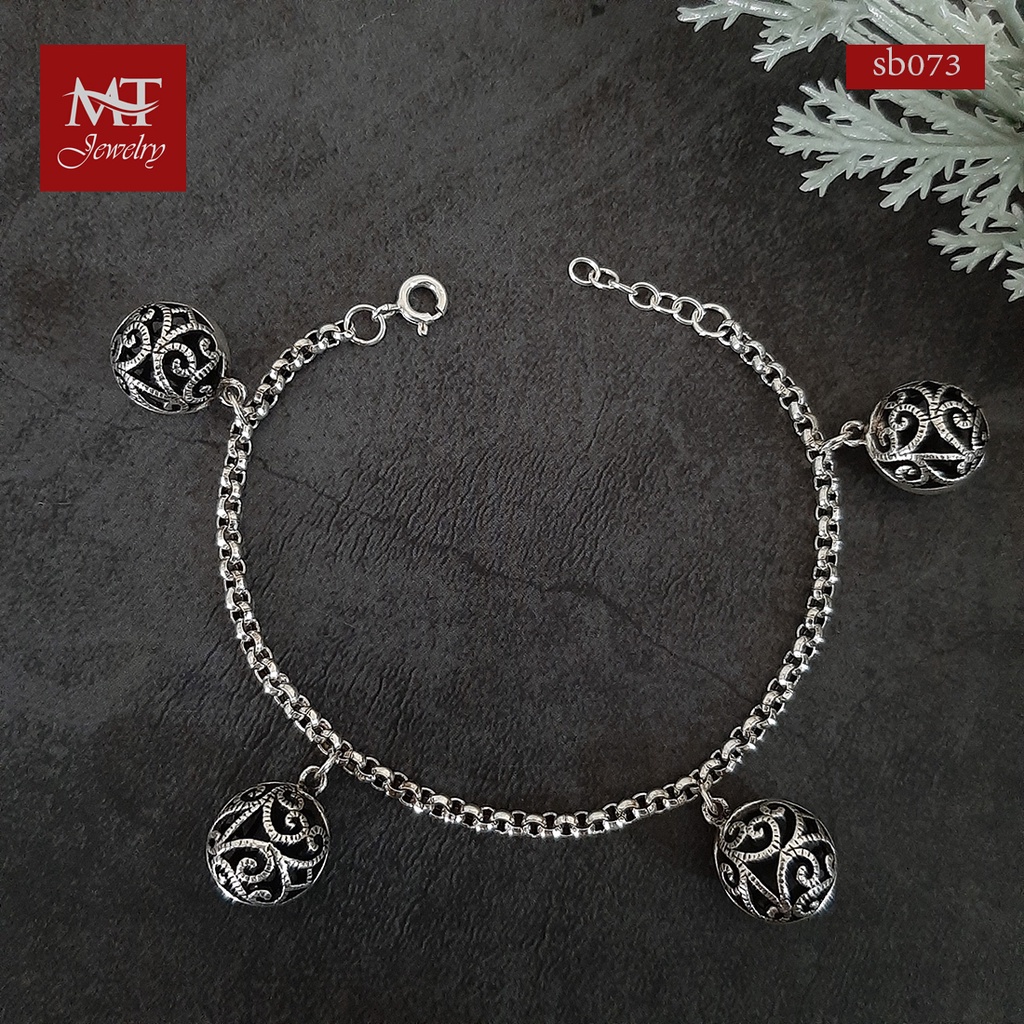 MT สร้อยข้อมือเงินแท้ ลายผ่าหวาย ตุ้งติ้ง ทรงกลม งานรมดำ ข้อมือ 16 17 18 ซม Silver Bracelet (sb073) MT Jewelry มณีธารา