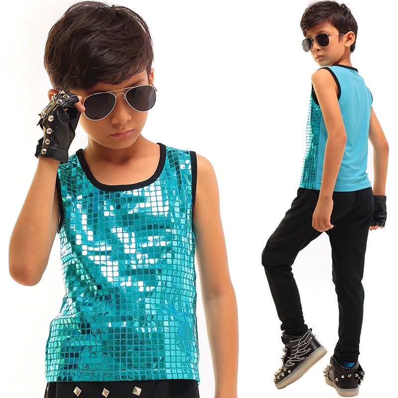 Boy Jazz Performance Costume Singer Children Hip Hop Dancing Clothes Sequin Vest Black T-Shirt Boys Tops Dance Wear DNV1 #8
