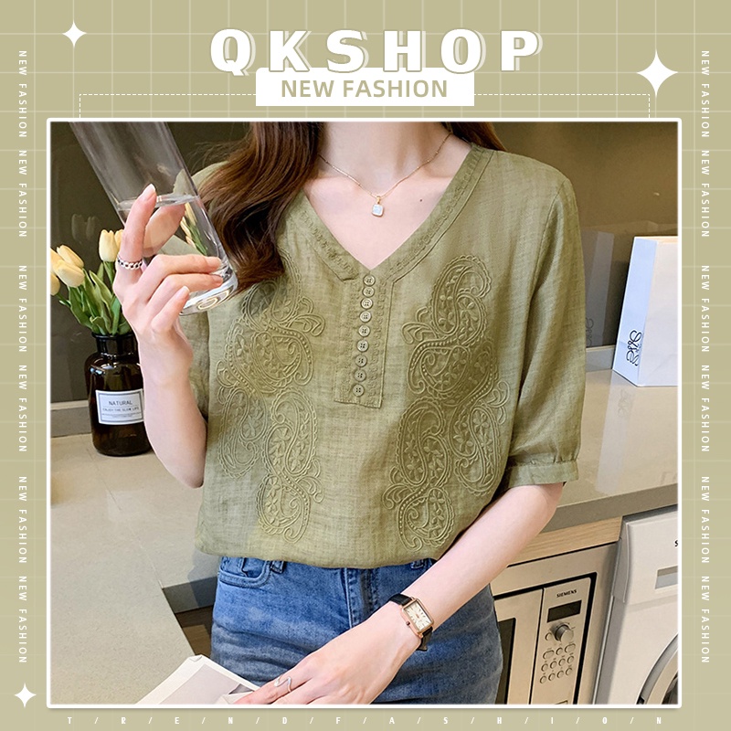 QKshop ฮอตสุดๆๆๆ เสื้อแฟชั่นดีไซน์สุดเก๋ปัก👚ลุคสาวหวาน  เสื้อผ้าแฟชั่นคอวีแขนสั้นแต่งลายลูกไม้🌺ใส่สบาย