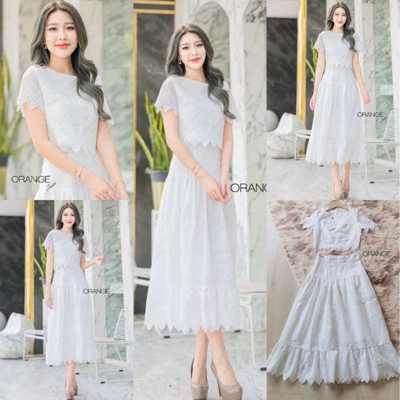 พร้อมส่ง S-2XL ป้าย Orange Juice Set เสื้อ กระโปรง คอตตอนฉลุ สีขาว เรียบหรูดูแพง