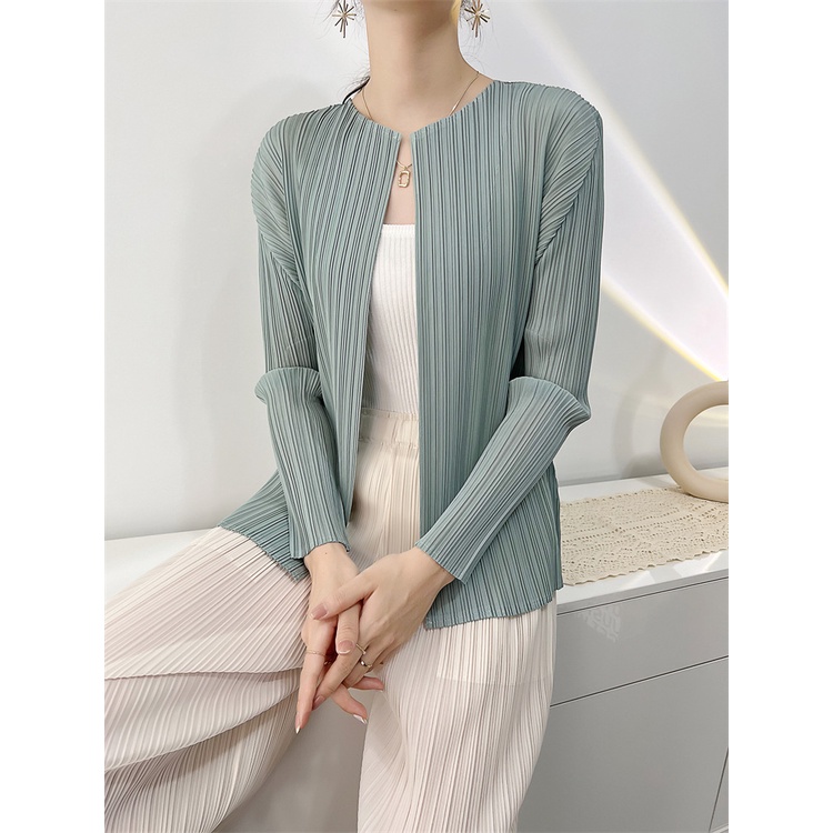 มิยาเกะ แจ็คเก็ตจีบผู้หญิงฤดูใบไม้ผลิฤดูใบไม้ร่วงคาร์ดิแกนซอกผู้หญิงแขนยาวดีงามสบายๆจีบด้านบนแจ็คเก็ตขนาดเล็ก - รูปที่ 2