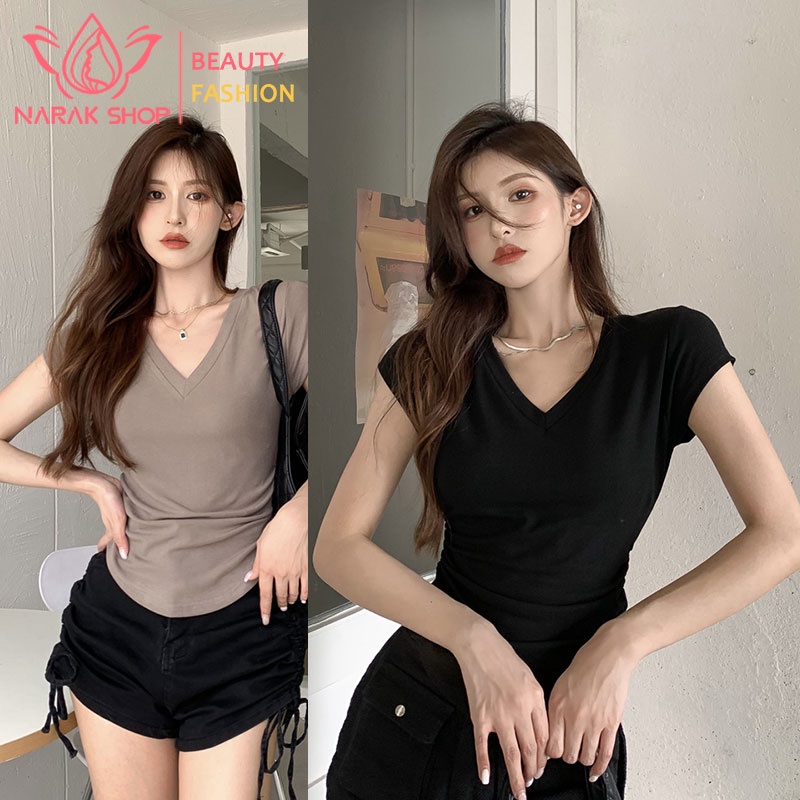 เสื้อยืดแขนสั้น  เสื้อรัดรูปคอวี ป้ายนมโต ผ้าหนา ยืดเด้ง ใส่สบาย ใส่อยู่บ้าน ใส่ออกไปข้างนอกสวยๆ