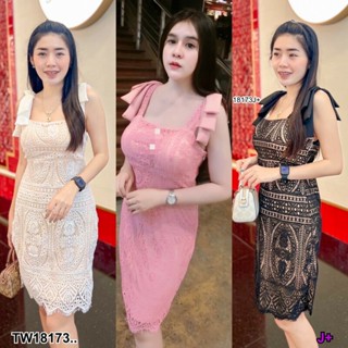 TT18173 เดรสลูกไม้ แต่งโบว์ไหล่ Lace dress decorated with shoulder bow..