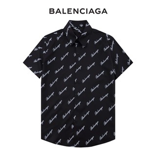 Balencia * * เสื้อเชิ้ตแขนสั้นลําลอง พิมพ์ลายโลโก้ High Street Bullet Screen Signature Logo AOP แฟชั่นสตรีท