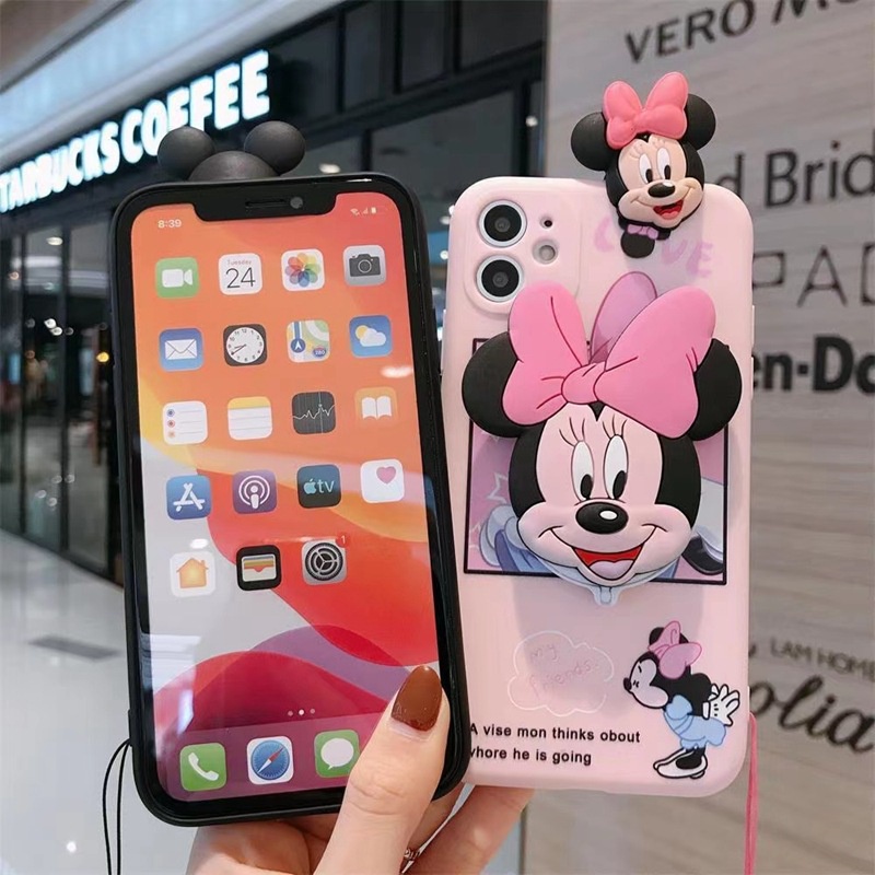 สําหรับ Samsung Galaxy S25 S24 S23 Ultra A55 A35 A25 A15 A24 A05S A04S A13 A33 A53 A73 S22 S21 S20 FE M14 M23 S10 S9 S8 Plus Note 8 9 20 10 Lite เคสโทรศัพท์ซิลิโคน ลายการ์ตูนมิกกี้ มินนี่เมาส์ 3d พร้อมกระจกแต่งหน้า และเชือกคล้อง สําหรับ