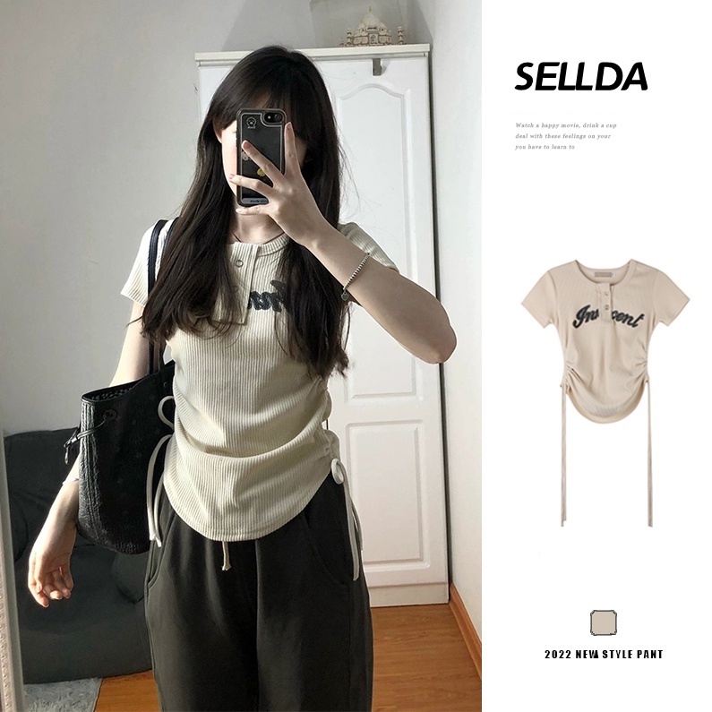 ส่งไวจากไทย SELLDA*ผู้หญิงเสื้อครอป ท็อป เกาหลีแขนสั้นเรียบๆเซ็กซี่เสื้อ