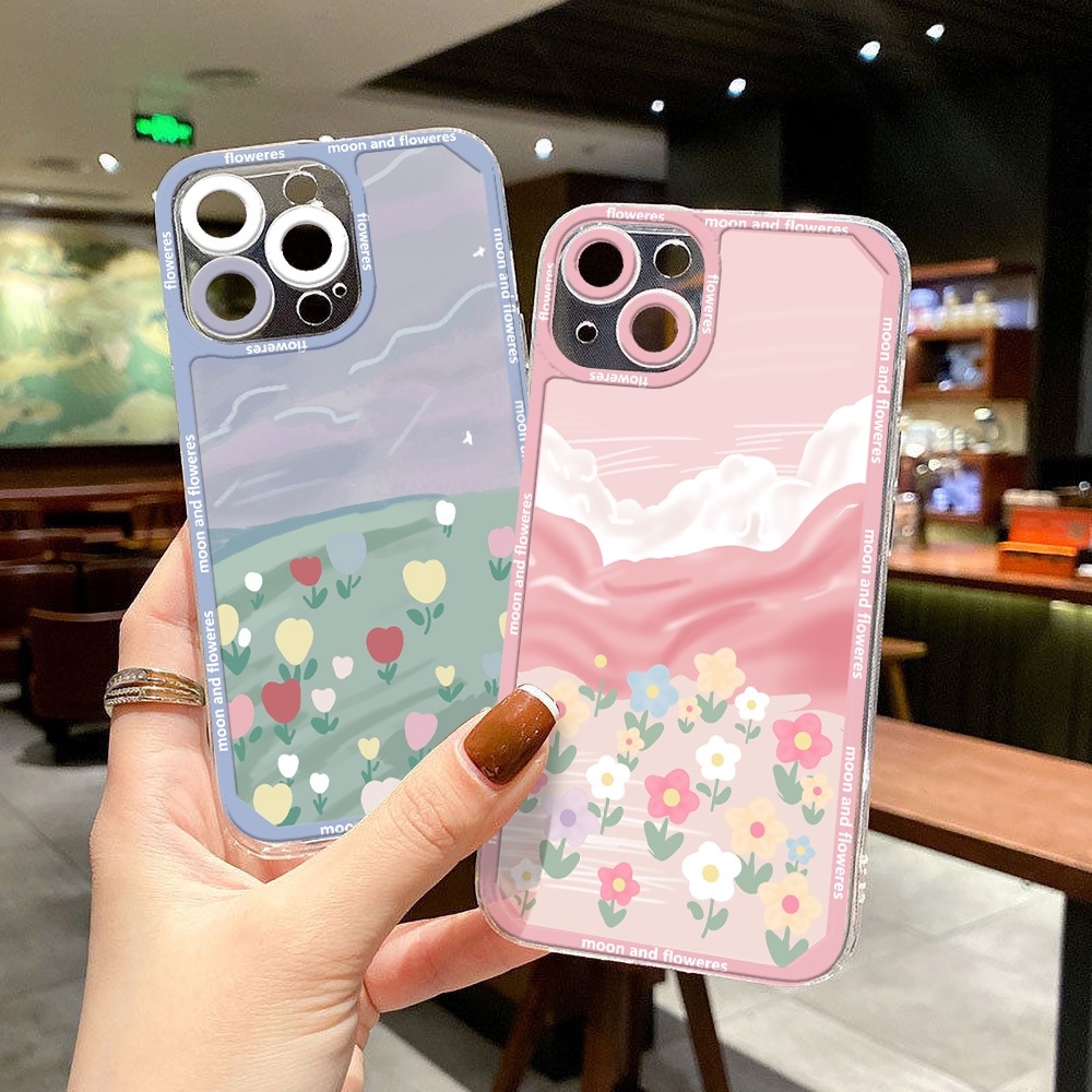 ฝาหลังนุ่ม for iPhone 11 14 13 12 15 Pro Max X XR Xs 7 8 Plus SE 2020 2022 ดอกไม้สีชมพูป้องกันเลนส์โปร่งใสเคสโทรศัพท์ใส