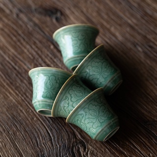 Yue Kiln Celadon ชุดถ้วยชาเซรามิค ลายนูน ขนาดเล็ก ของใช้ในครัวเรือน