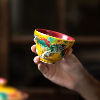 Jingdezhen hand-painted palace yellow glaze green gold dragon teacup personal cup 40ml capacity