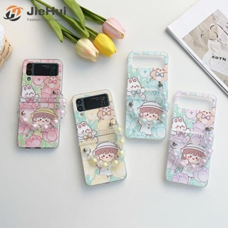 Jiehui เคสโทรศัพท์มือถือ ลายกระต่าย เด็กผู้หญิง สามชิ้น สีชมพูอ่อน เขียวอ่อน ม่วงอ่อน เหลืองอ่อน แขวนมือ แฟชั่น สําหรับ Samsung Z Flip4 Z Flip3