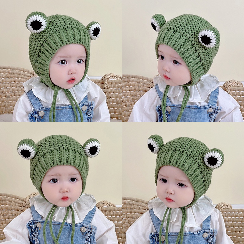 หมวกลายกบ หมวกเด็กฤดูใบไม้ร่วงและฤดูหนาวเด็กทารกเด็กทารกถักหมวกไหมพรมสุทธิฤดูหนาวสีแดงเด็กชายน่ารักสุด
