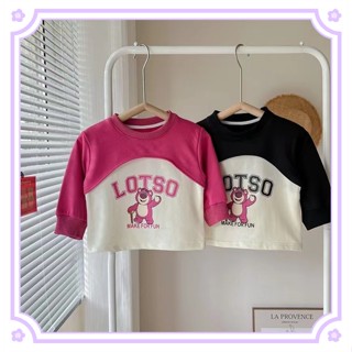 เสื้อยืดแขนยาวสาวอวบ    ฤดูใบไม้ผลิและฤดูใบไม้ร่วงสาวใหม่สตรอเบอร์รี่หมี/เสื้อกันหนาวแฟชั่นน่ารักคอนทราสต์สีประกบด้านบน