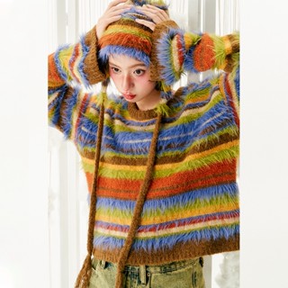 YEDM Rainbow Contrast round-Neck Flared Sleeves KNITTED Sweater เสื้อกันหนาวไหมพรม ลายทาง ขนสีรุ้ง ขนนิ่ม