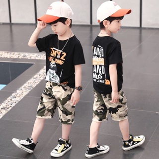 Rokids❤ชุดเด็กผู้ชายแขนสั้นกีฬาฤดูร้อนเสื้อผ้าเด็กใหม่ขนาดกลางและใหญ่เด็กหล่อสไตล์ต่างประเทศเวอร์ชั่นเกาหลีสุทธิชุดสองชิ