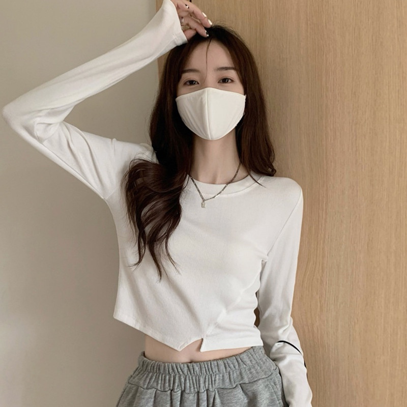 เสื้อยืดแขนยาว สีพื้น แบบทันสมัย ออกแบบใหม่ สําหรับผู้หญิง และนักเรียน【6887】
