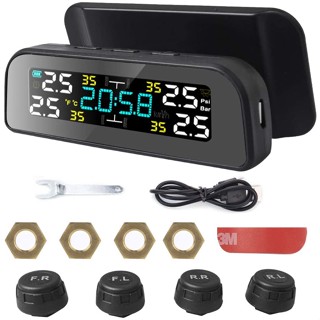 หน้าจอ LCD พลังงานแสงอาทิตย์ USB Auto Car SUV TPMS ระบบตรวจสอบความดันลมยาง 4 เซ็นเซอร์ภายนอกไร้สาย