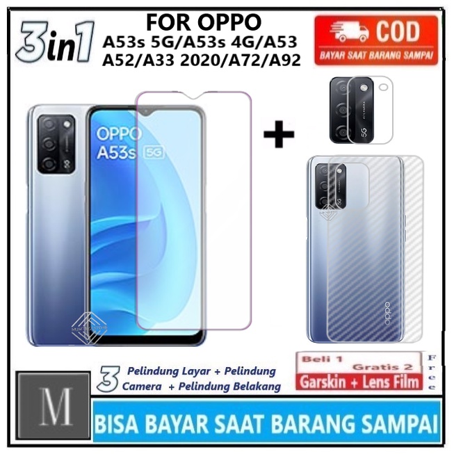 LAYAR 3in1 กระจกนิรภัยแพคเกจ Oppo A53s 5G A53s 4G A53 A52 A31 A32 A33 2020 A72 A92 Full Cover Anti-S