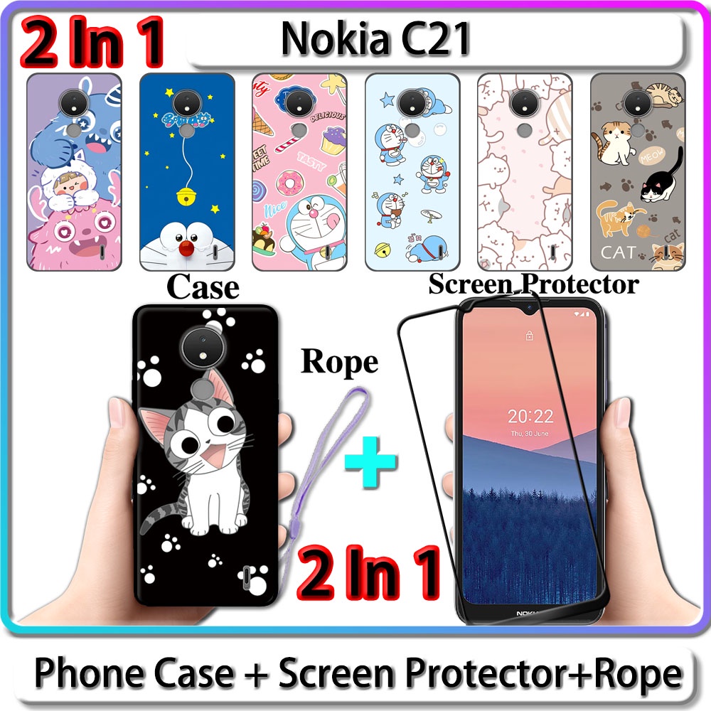 2 IN 1 เคสโทรศัพท์มือถือเซรามิค พร้อมกระจกนิรภัยกันรอยหน้าจอ ทรงโค้ง ลายแมวโดราเอมอน สําหรับ Nokia C21