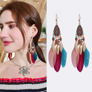Bohemian Long Feather Dangle ต่างหูหลากสี Feather พู่ Drop ต…