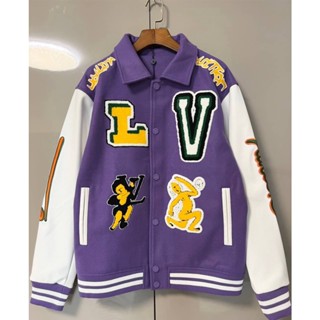 LOUIS VUITTON VASITY MULTIPATCHES MIX LEATHER BOMBER JACKET PURPLE เสื้อคลุมแจ็คเก็ต แบรนด์หลุยส์วิตตอง ปัก PATCH ม่วง