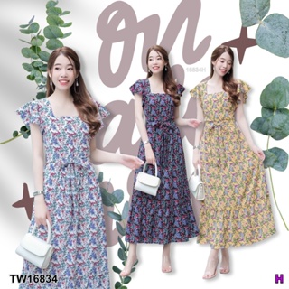 TwinsShopVip💗พร้อมส่ง TW16834 แม็กซี่เดรส คอเหลี่ยมแขนระบาย ลายดอก..Maxi dress, square neck, fringed sleeves,